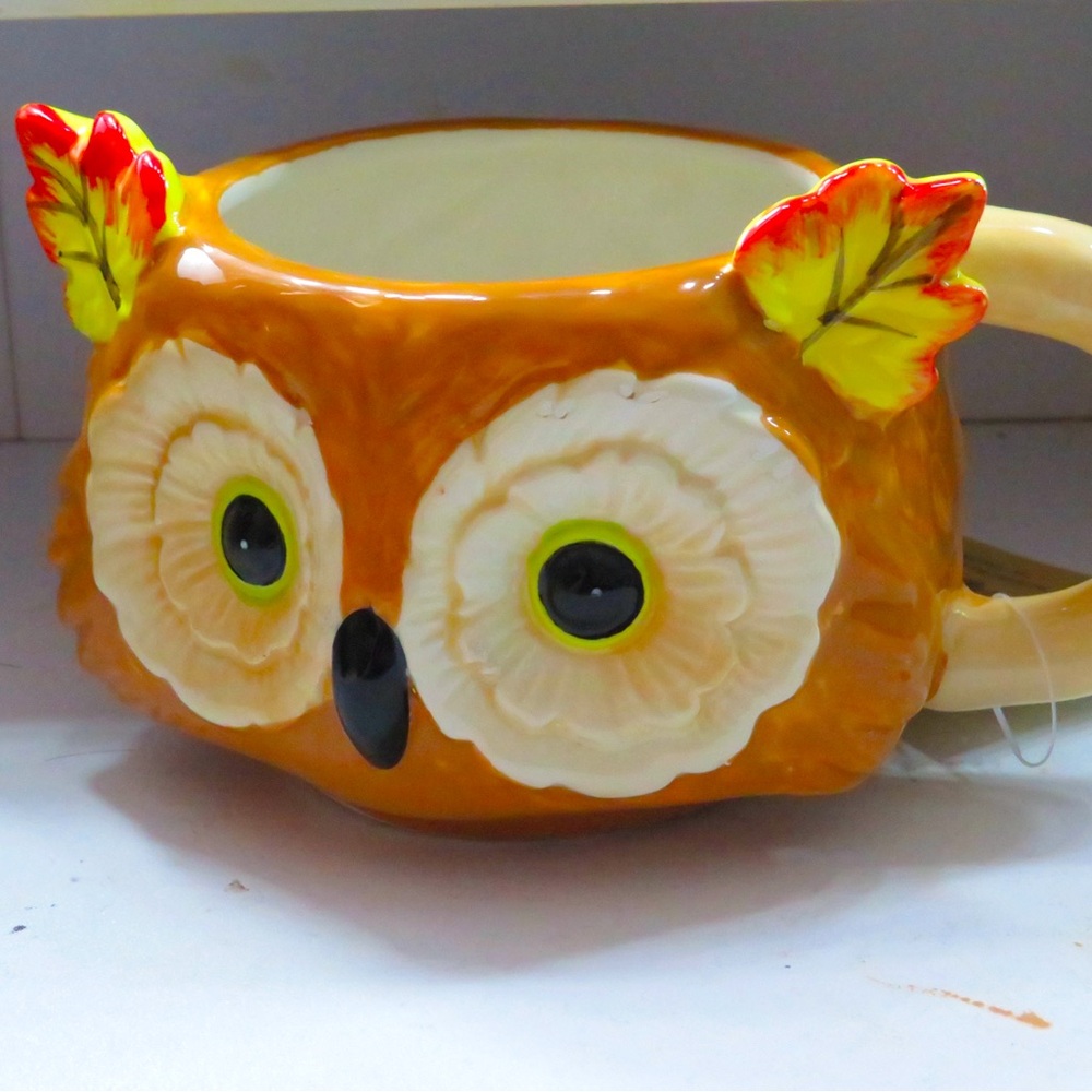 Owl Shaped Mug with Leaf Accents